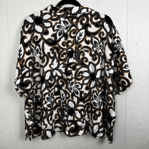 Susan Graver PURE Printed Linen Blend Elbow Sleeve Camp Shirt Black Tan Size 1X - Picture 5 of 9
